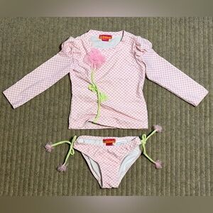 Kate Mack - Girl’s Pink Gingham Flower Rash Guard 2-Piece Swimsuit, Size - 2T